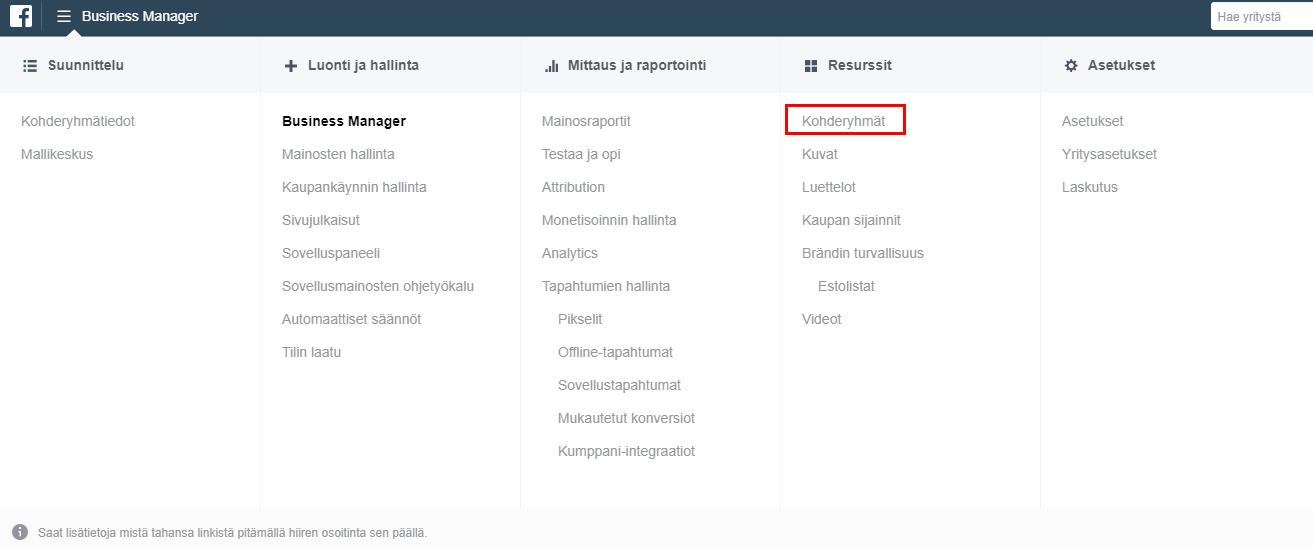 Facebook-Business-Manager-aloitussivu-jossa-kohderymät-resurssi-on-korostettu