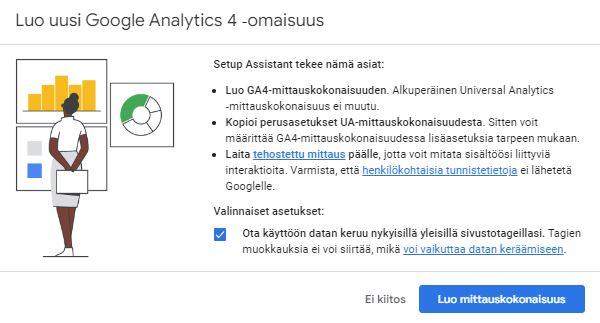 Havainnollistava ohjeistuskuva Google Analytics 4 -palvelun käyttöönotosta. Kuvankaappaus Google Analytics 4 Setup Assistantista. Ehtojen hyväksyminen.