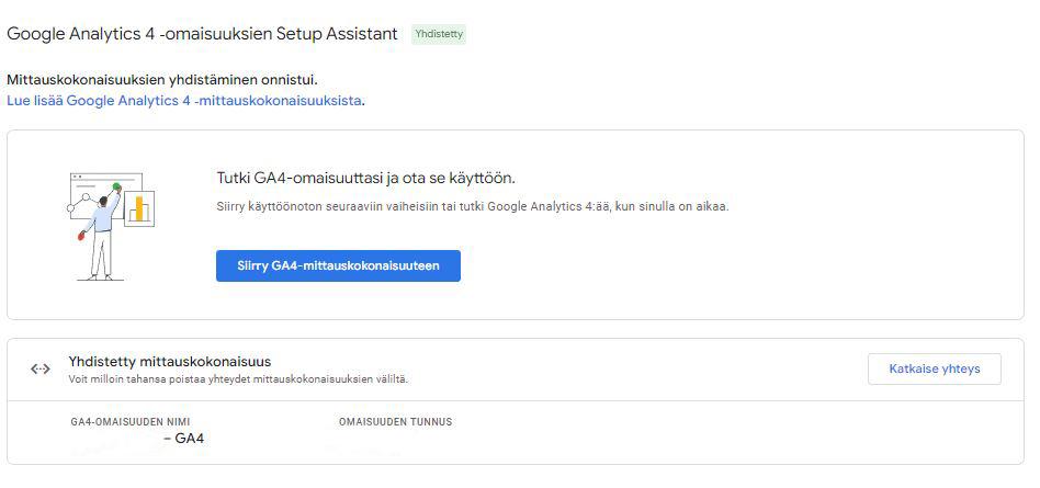 Havainnollistava ohjeistuskuva Google Analytics 4 -palvelun käyttöönotosta. Kuvankaappaus Google Analytics 4 Setup Assistantista. Asennus valmis.