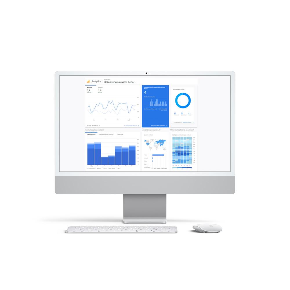 Mainostoimisto Luma - Google Analyticsin avulla voimme kehittää verkkosivustoa ja seurata kävijöiden käyttäytymistä sivustolla, kuvassa Analyticsin dashboard