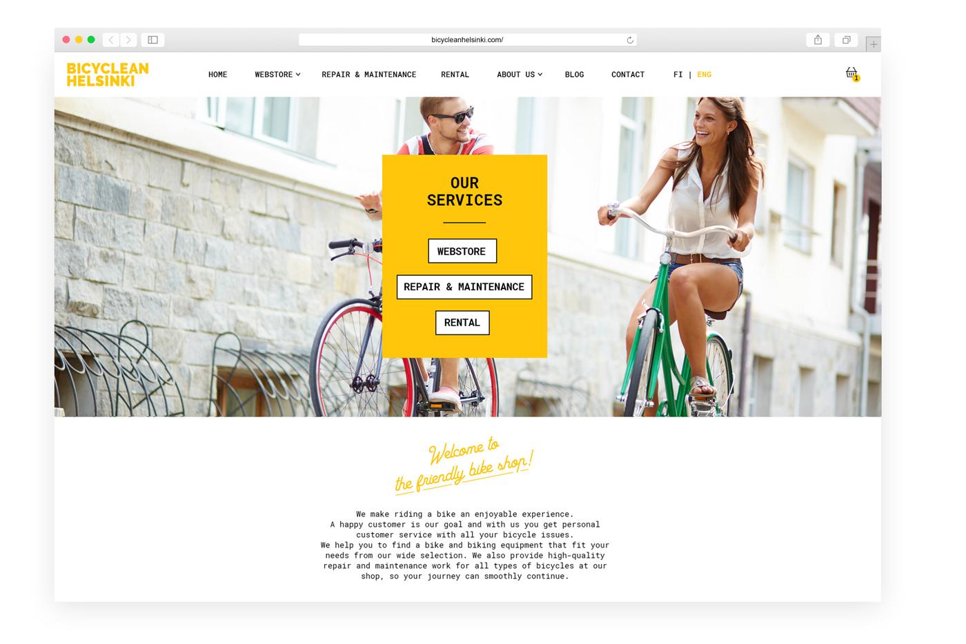 Bicyclean WooCommerce-verkkokaupan etusivun ulkoasu